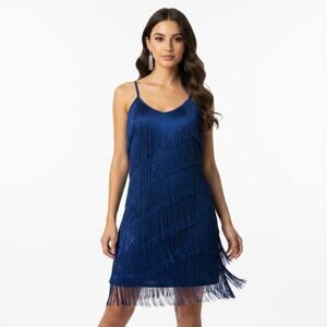 Royal Blue Sequin Fringe Flapper Mini Dress Small 1920s Gatsby Cocktail Party